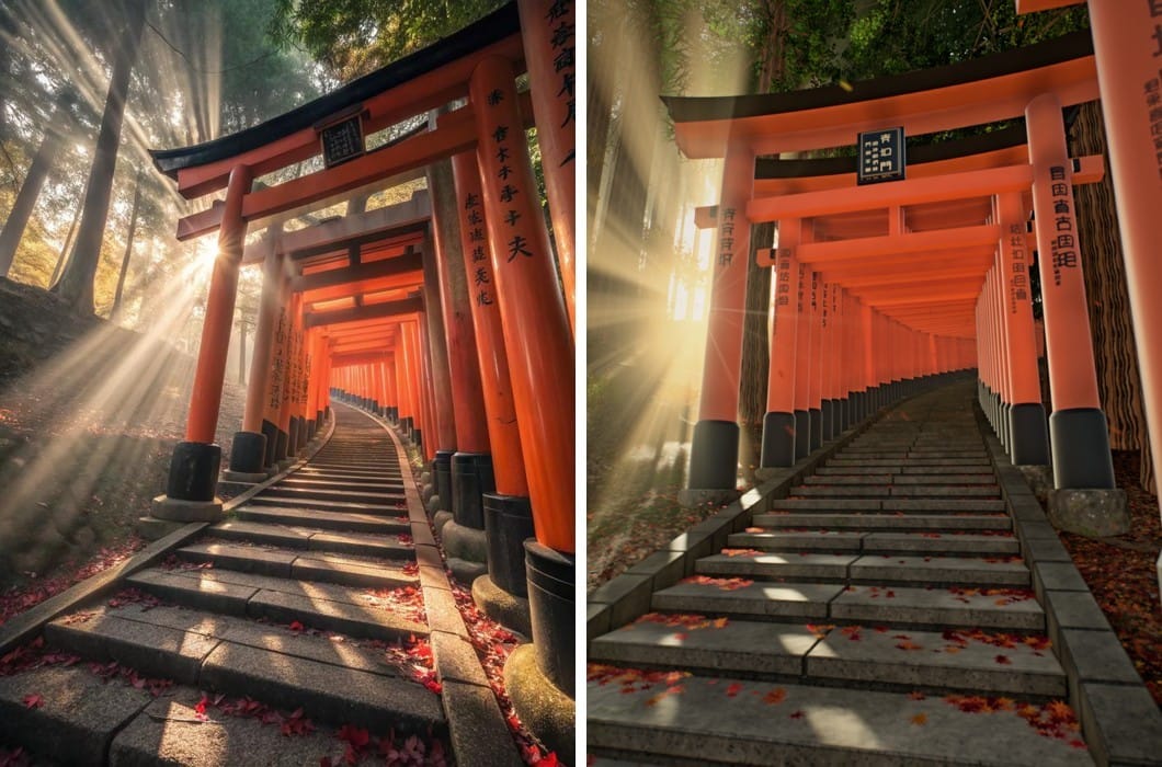 Reference of a torii gate tunnel with morning sunbeams next to the three.js render of the same stairs and gates