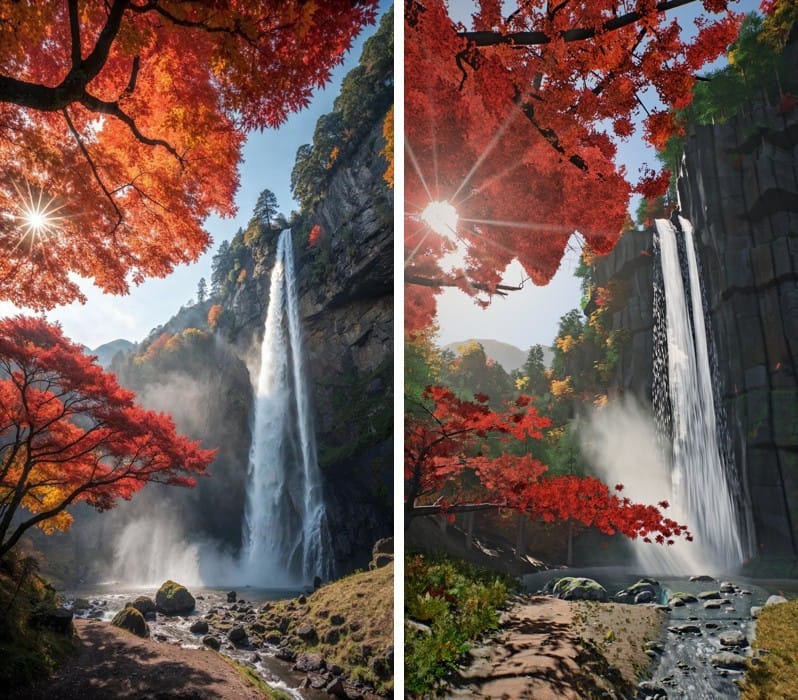Reference of a tall waterfall framed by red maples next to the three.js render with a sun star and spray