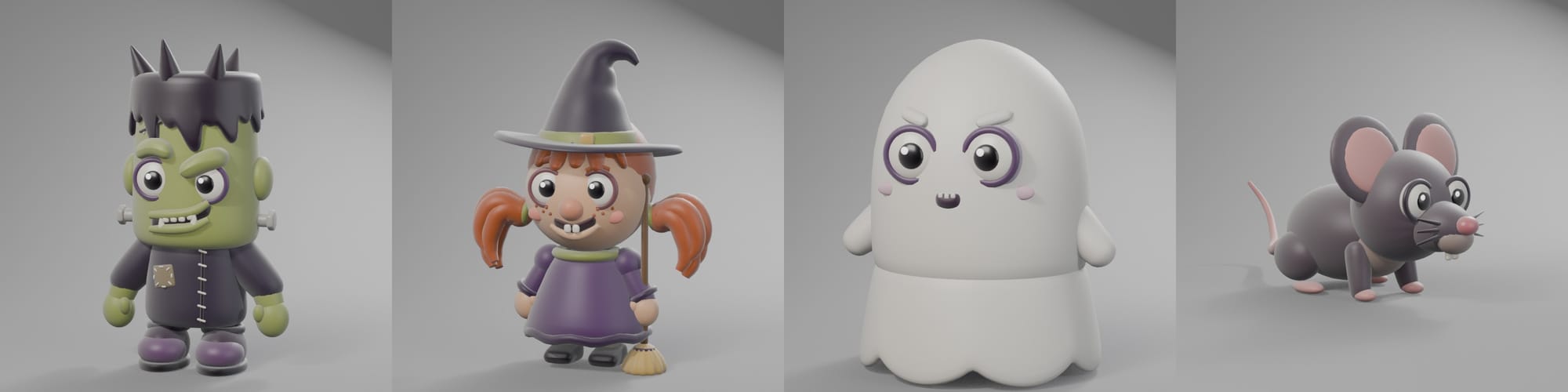 Four toy-style 3D characters modeled in Blender from code: Frankenstein with bolts and a patch, a witch with a broom, a ghost and a rat