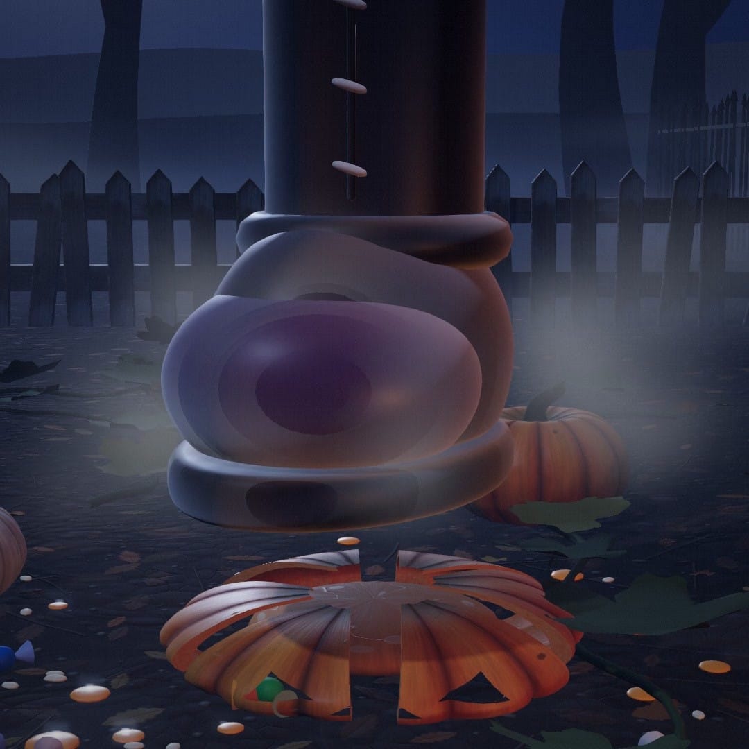 A giant cartoon boot crushing a carved pumpkin flat in a foggy pumpkin field at night