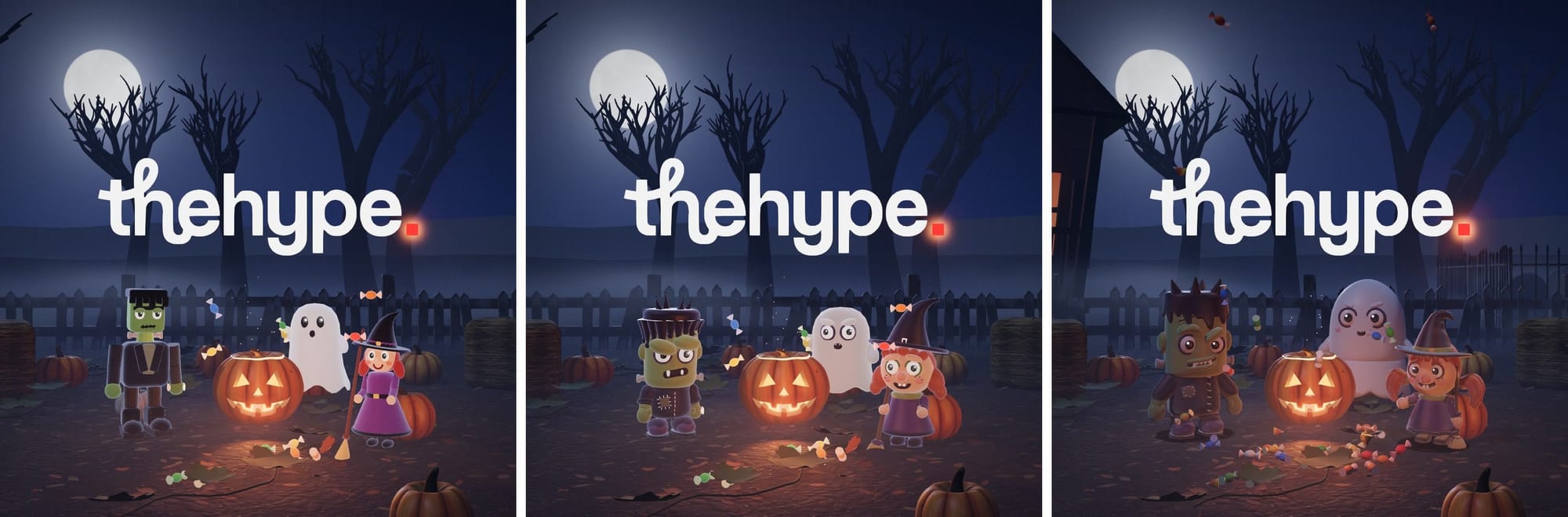 Three versions of one Halloween scene: blocky Frankenstein, witch and ghost from simple shapes, vinyl-toy versions and smooth Blender models