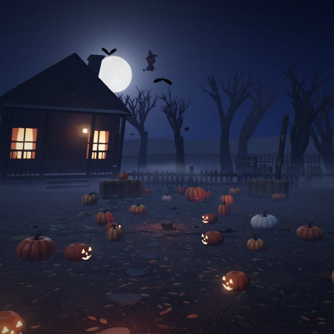 3D night scene from code: a house with lit windows, bare trees, a full moon and a field of pumpkins seen from above