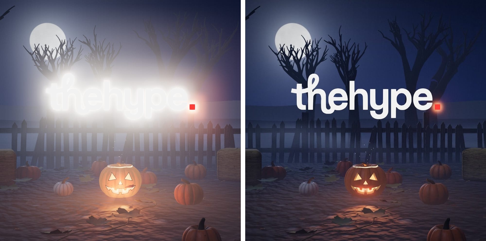 The same frame in rounds 1 and 3: a thehype logo blurred into white glow over a foggy pumpkin field, then a sharp logo over a dark night scene