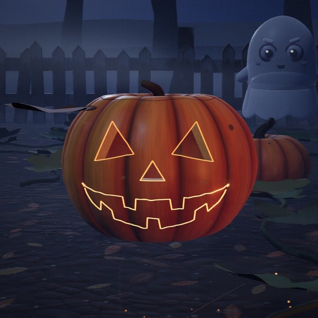 A pumpkin carving its own jack-o'-lantern face with glowing lines while a toy ghost peeks over a wooden fence