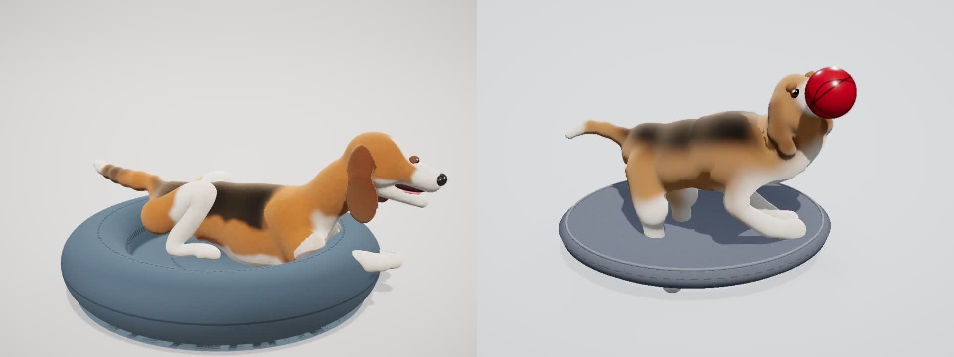 Near the end: the Opus 5.5 beagle lies down in its bed, the DeepSeek beagle still stands on its bed with the red ball in its mouth