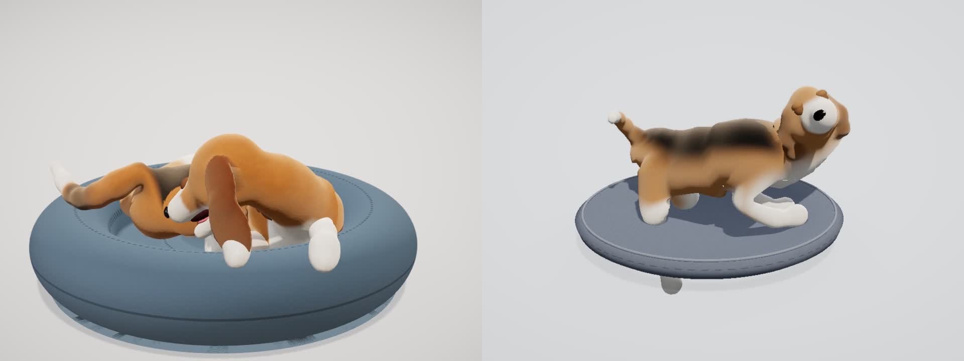 At the start of the loop the Opus 5.5 beagle sleeps curled up in its bed, while the DeepSeek beagle stands on its bed with cartoon eyes