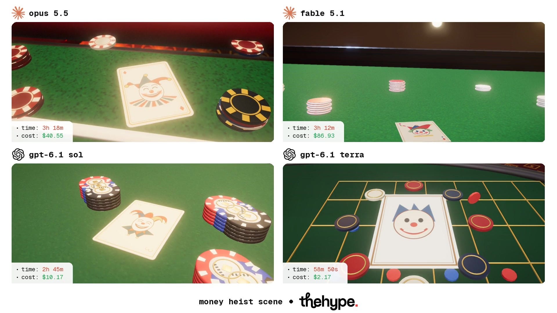Four 3D close-ups of a clown playing card lying on green roulette felt among casino chips