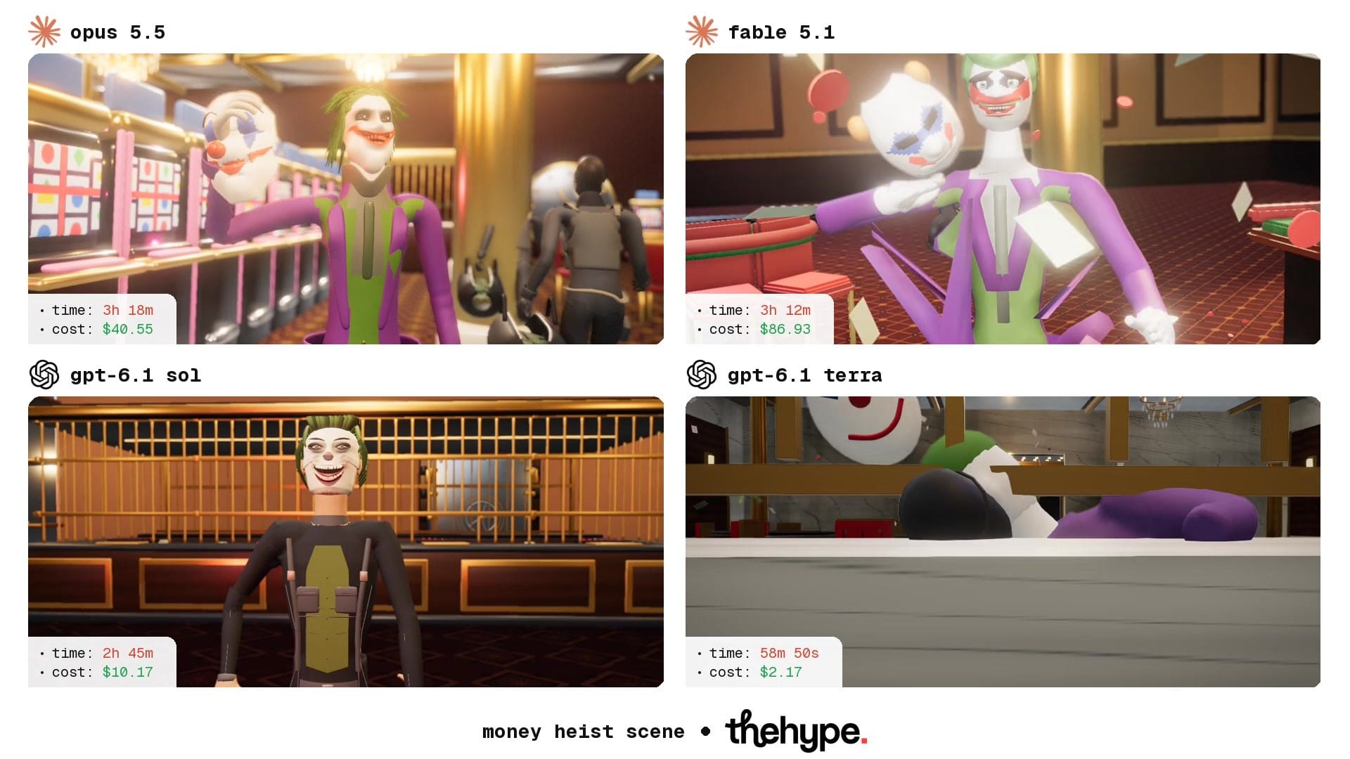 Four 3D scenes of a clown with green hair and a purple coat in a casino, built from code by four AI models