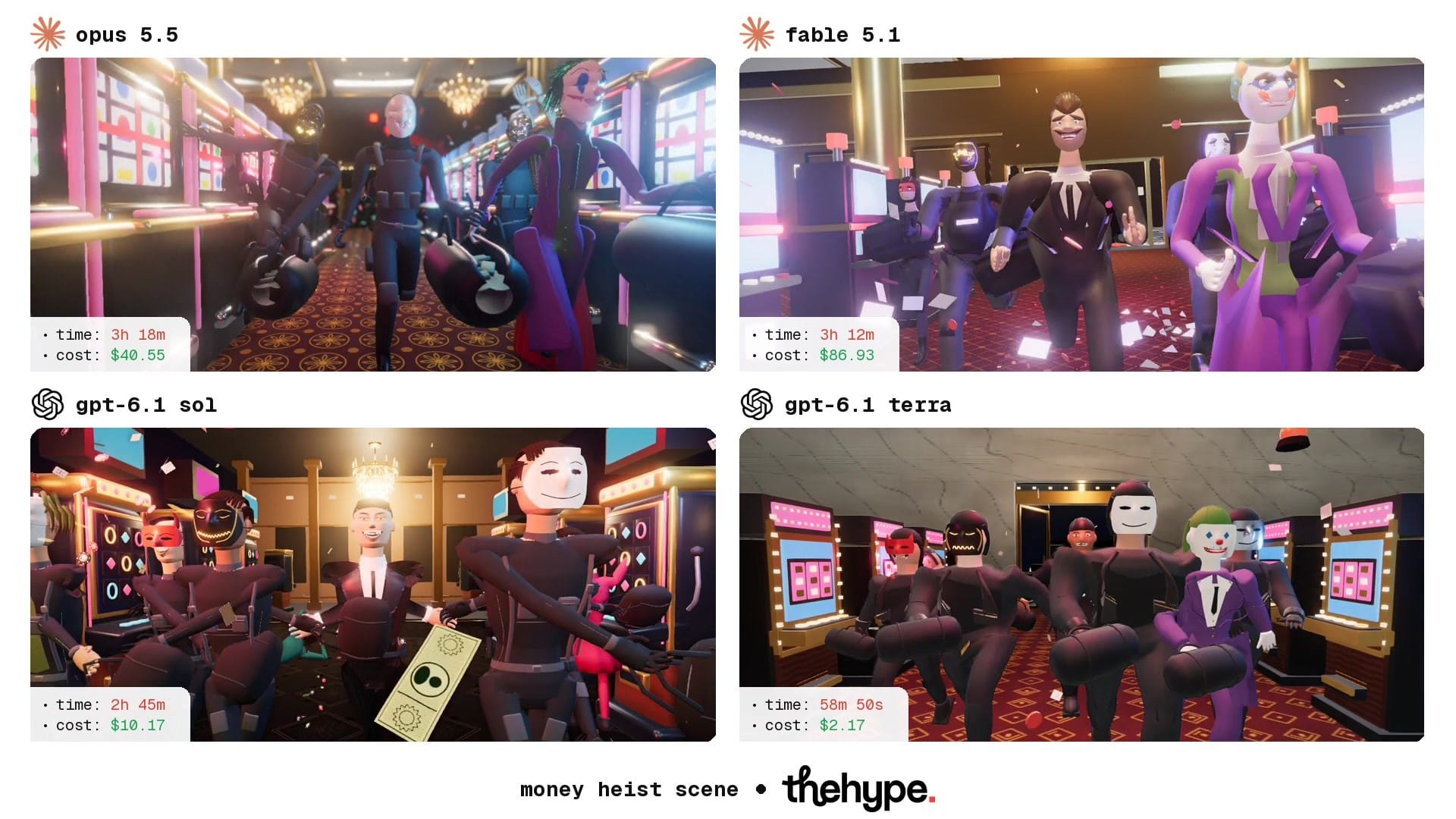 Four 3D scenes of masked robbers running at the camera between casino slot machines, built from code by four AI models