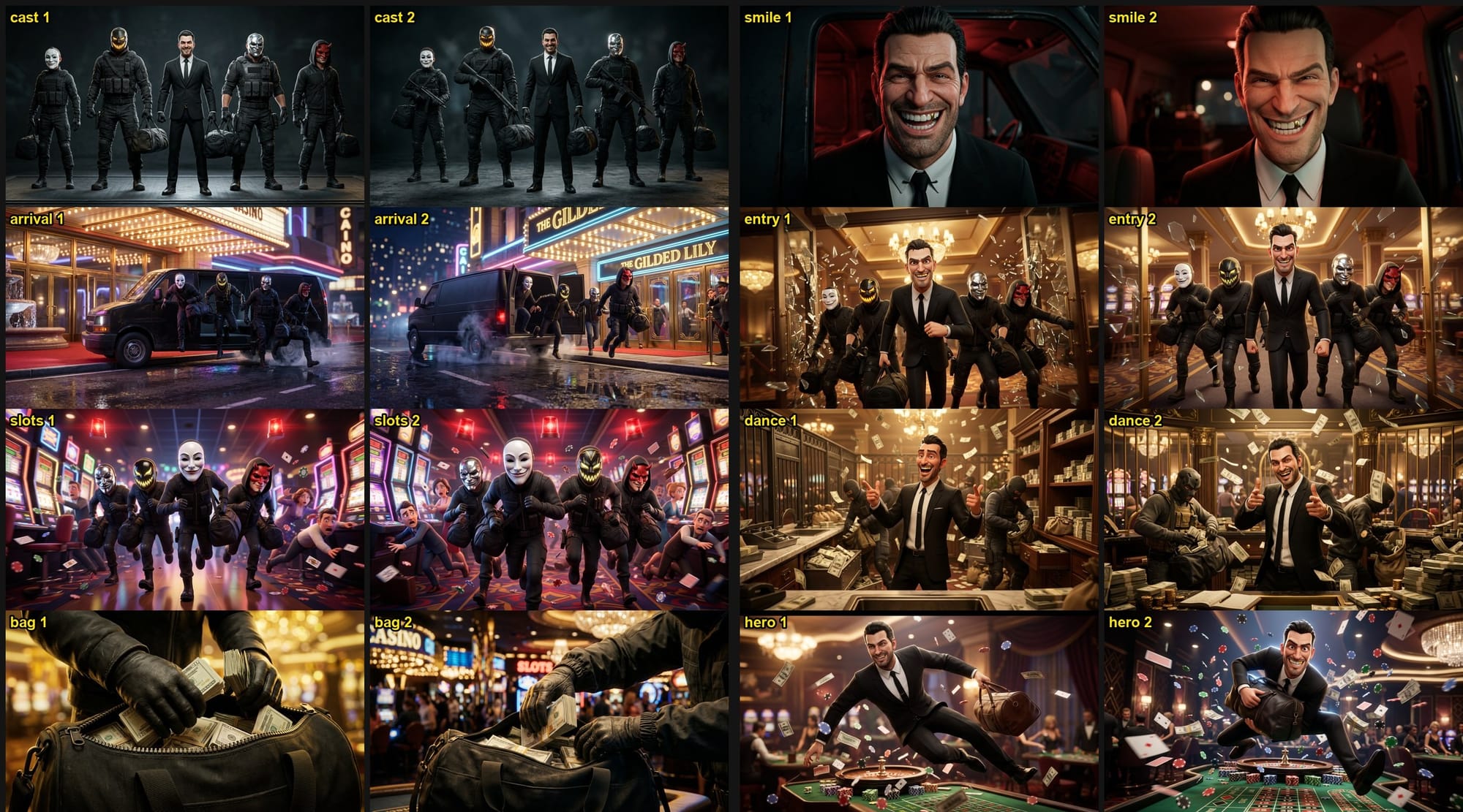 Sixteen generated reference frames of a stylized casino heist: masked robbers, a grinning leader, a van, slots and a roulette leap