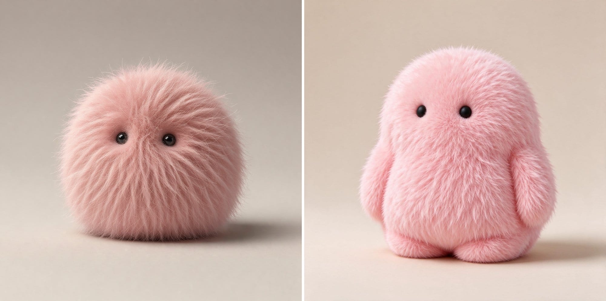 FLUX.3 (left) and Seedream 5.0 Flash (right): pink fluffy plush toy with bead eyes on a beige studio background