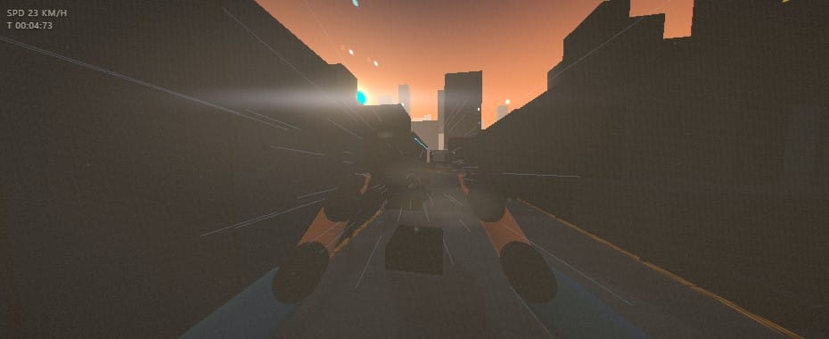 Qwen3.8 Flash parkour run: a street in thick beige haze with a strong lens flare and blocky hands