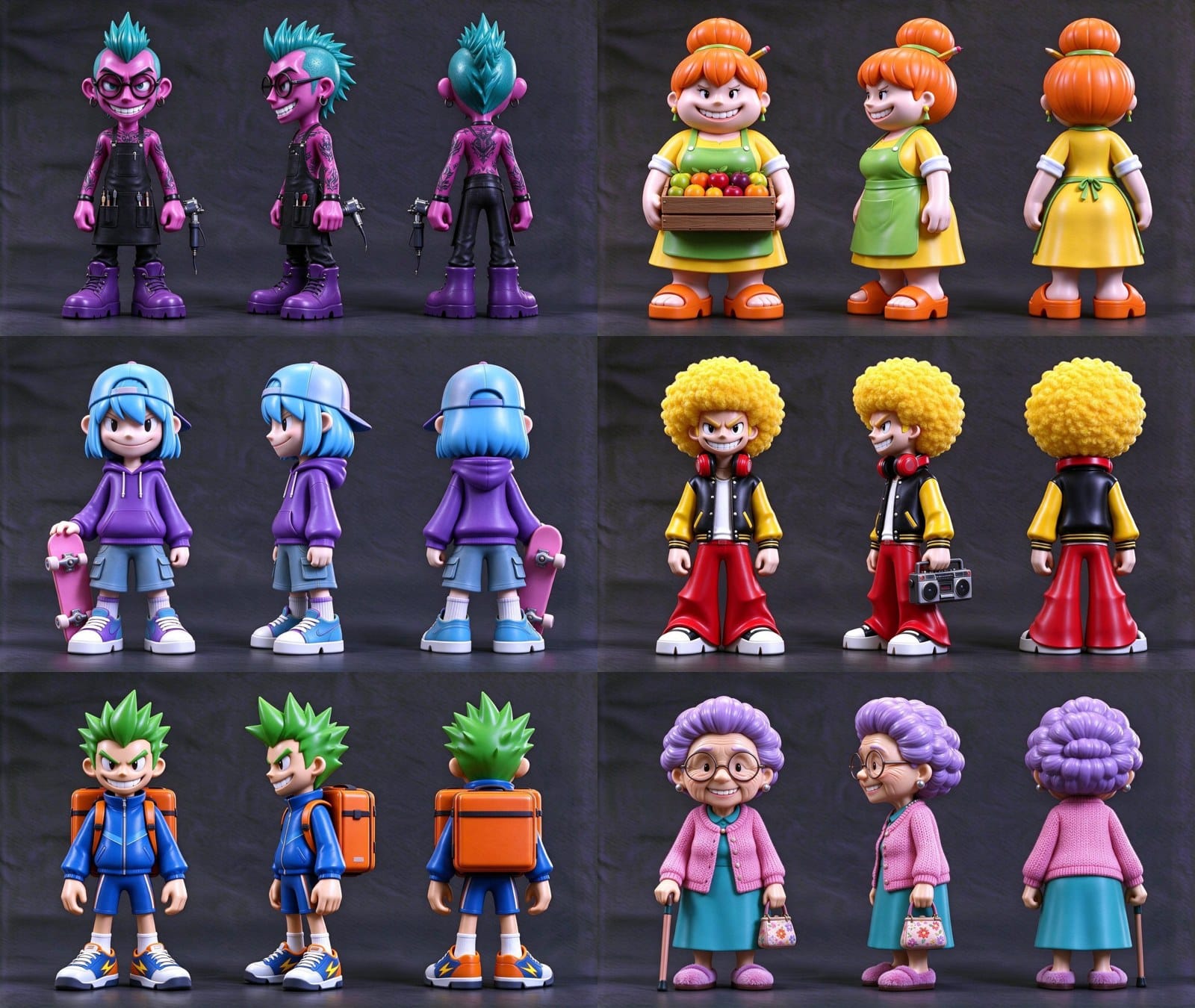 Front, side and back views of six toy-style characters: punk tattoo artist, grocer with fruit crate, skater, afro-haired character, courier, granny