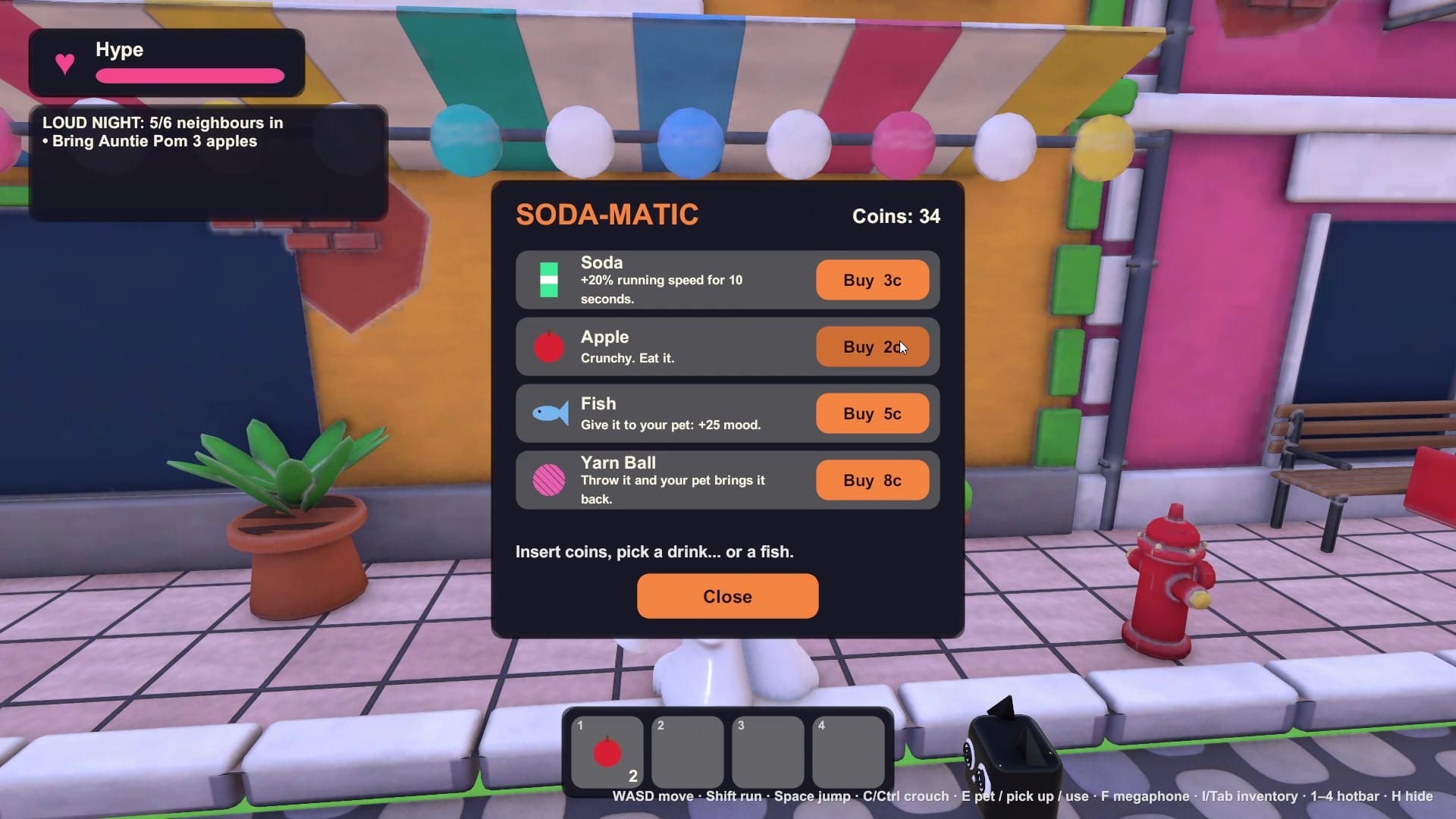 Game screenshot: SODA-MATIC vending machine menu selling soda, apple, fish and yarn ball for coins