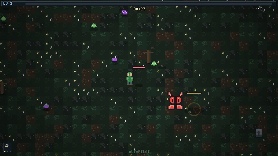 Step 5 Preview's pixel game: a small green hero among scattered enemies on a dark speckled field, level 1