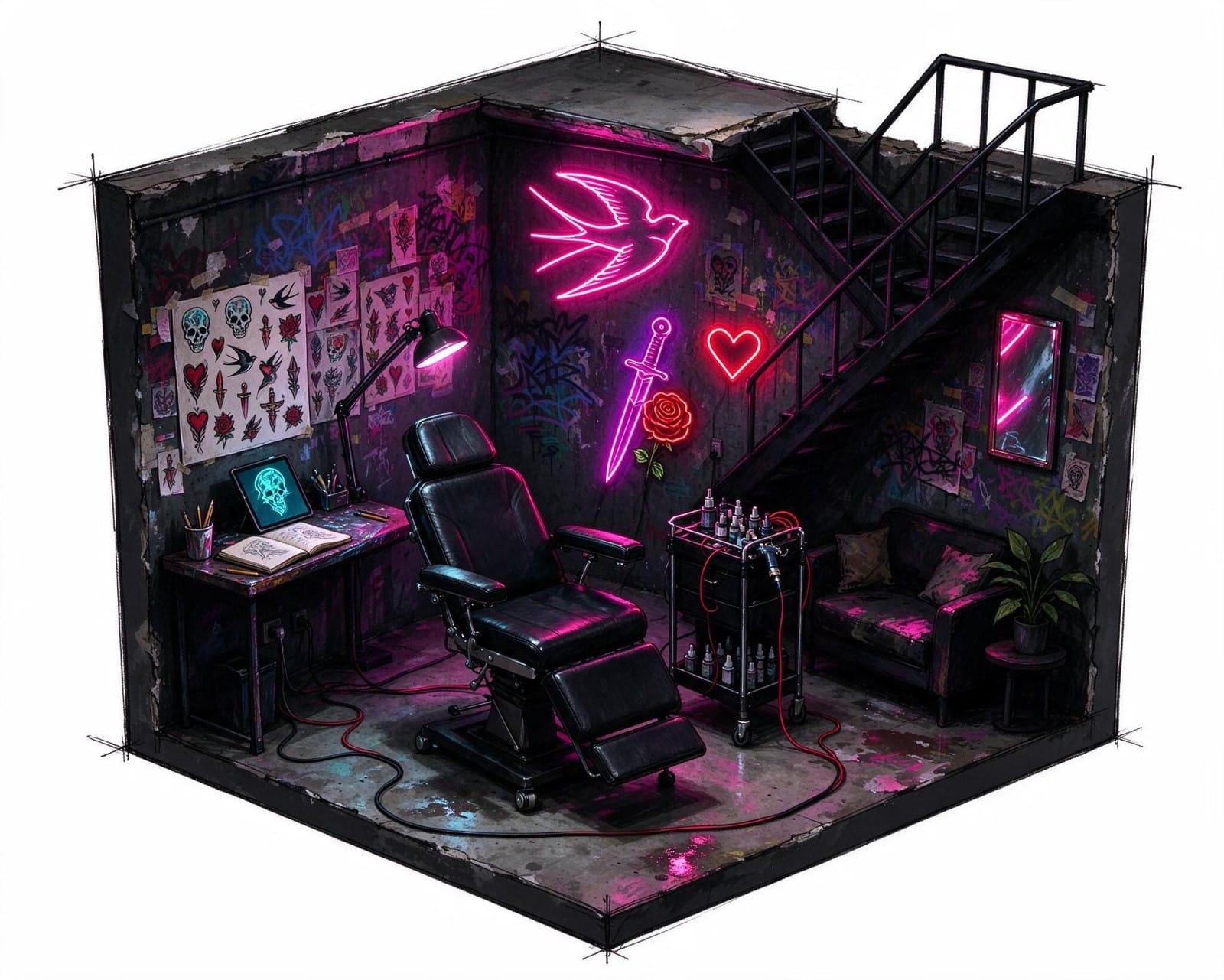 Isometric concept of a dark tattoo studio with pink neon signs, a black tattoo chair, a desk and a staircase
