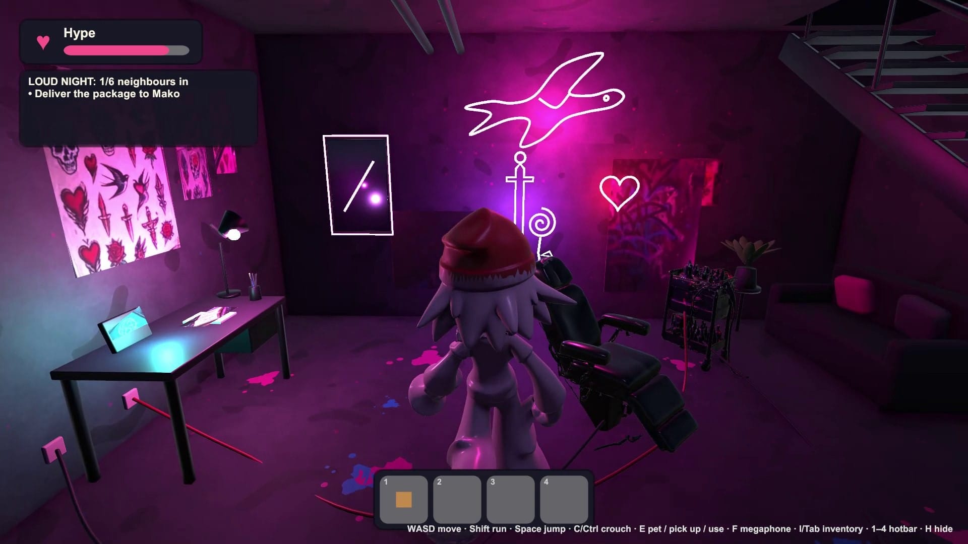 Game screenshot: Kero inside a dark tattoo studio lit by pink neon signs, with a desk and a tattoo chair