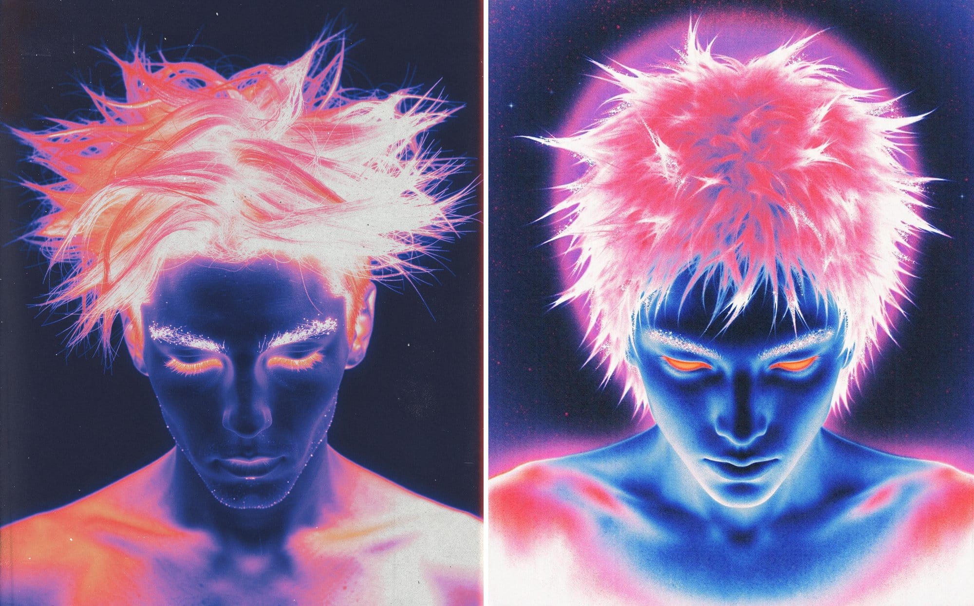 FLUX.3 (left) and Seedream 5.0 Flash (right): thermal-camera style portrait of an androgynous figure with spiky glowing hair
