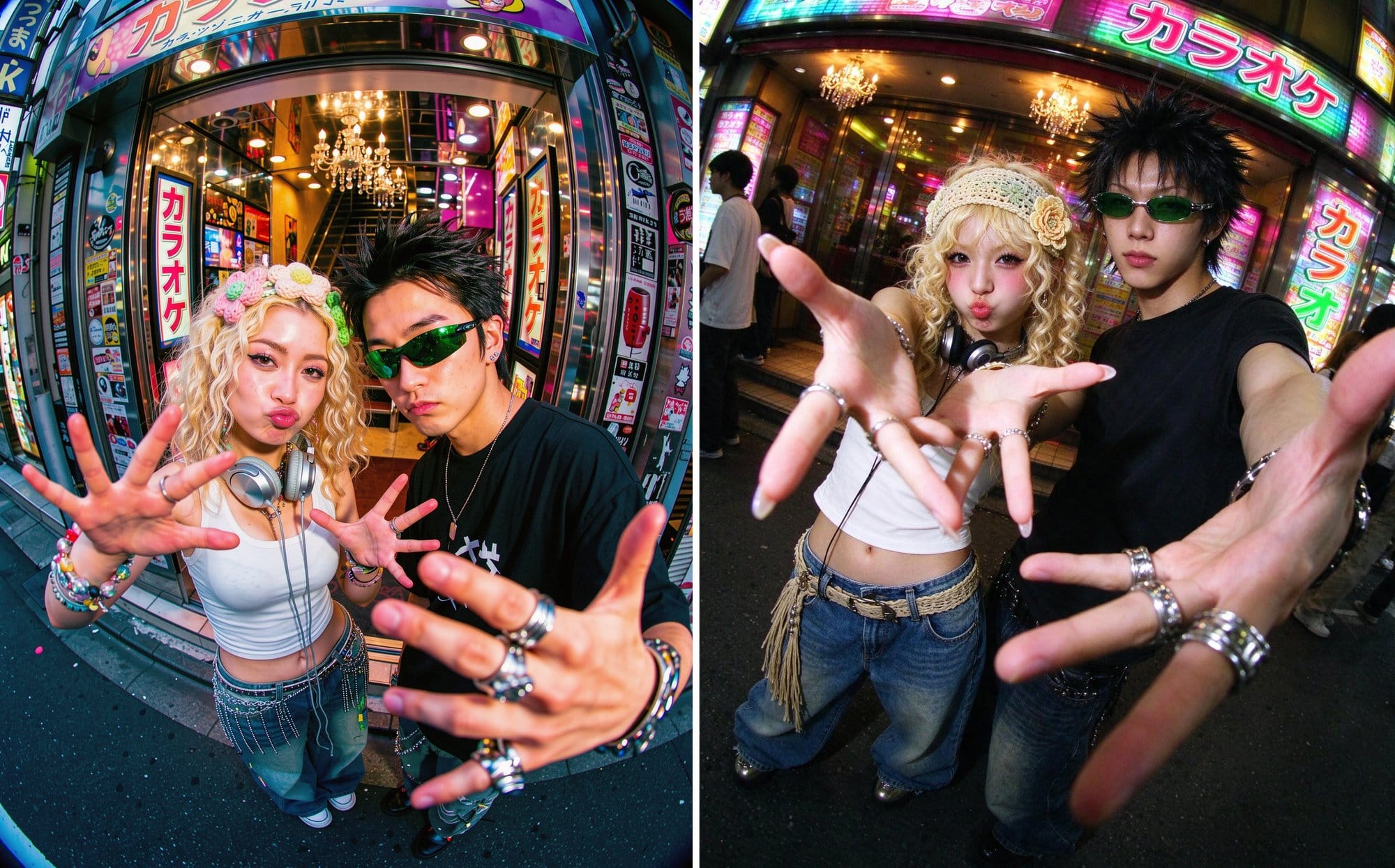 FLUX.3 (left) and Seedream 5.0 Flash (right): fisheye flash snap of a gyaru couple outside a Tokyo karaoke shop