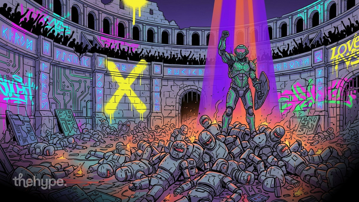 Neon colosseum: armored warrior stands over a pile of defeated robots — AI startup survival and moat metaphor.