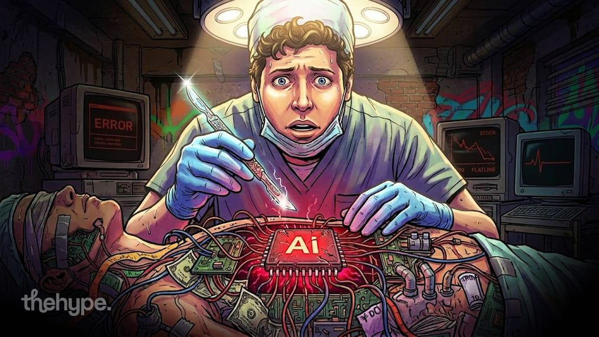 cartoon of sam altman as a sweating surgeon operating on a body wired with an ai chip and dollar bills, error screen behind