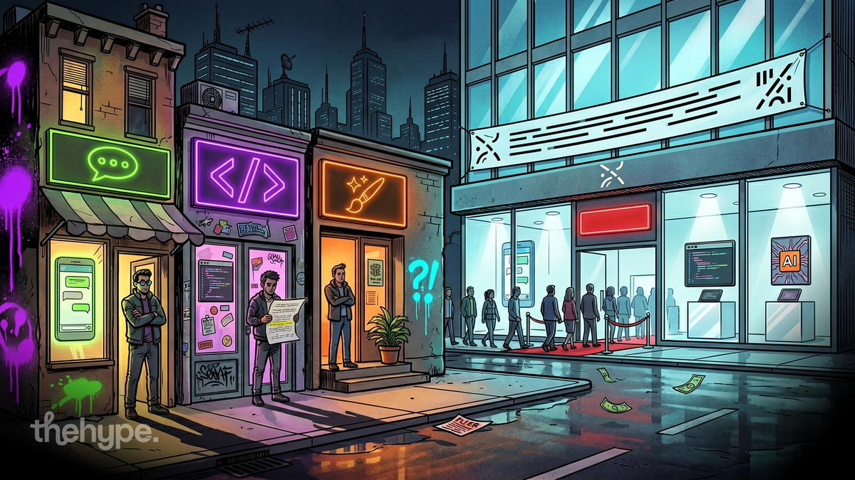 Three small neon shops with chat, code and brush signs face a polished AI flagship store with a queue — supplier-rival visual.