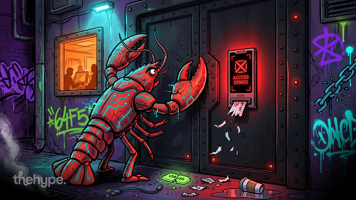 Armored red lobster robot at a sealed door beside a red Access Denied screen shredding an API key — OAuth cut visual.