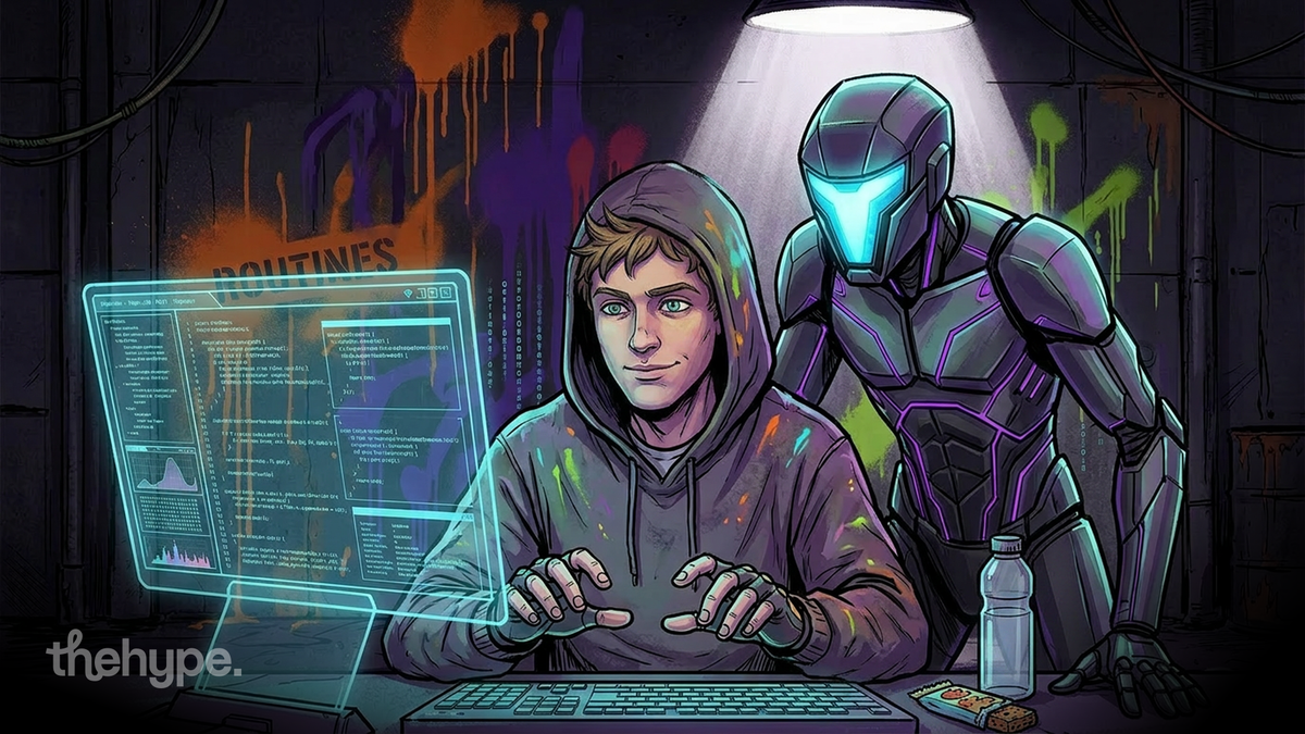 Hooded coder at a holographic code screen tagged "ROUTINES" with an armored AI looming behind — Claude Routines goes live.