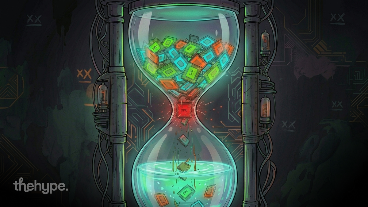 Hourglass illustration with GPU chips blocked by a CPU at the neck, visualizing the AI bottleneck shift