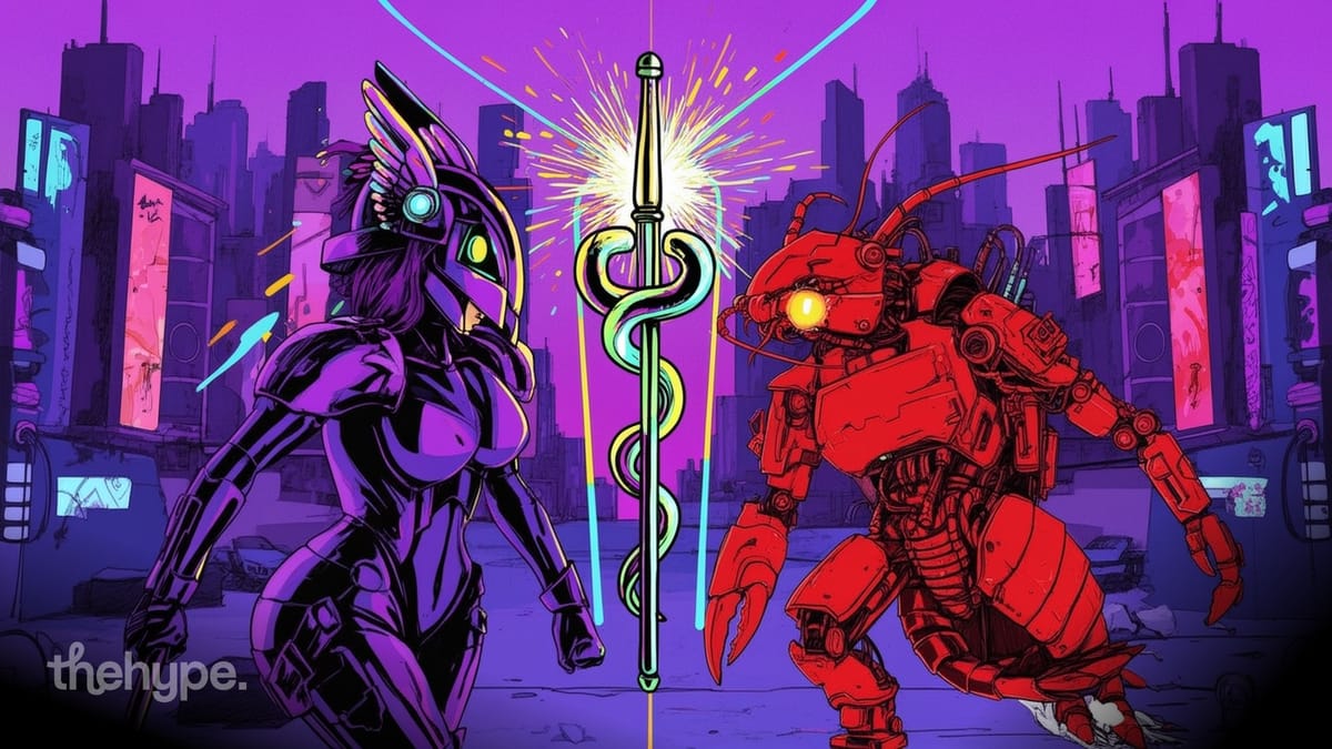 Purple armored warrior faces red mech across a glowing caduceus in a neon city — Hermes Agent v0.9.0 squares up to OpenClaw.