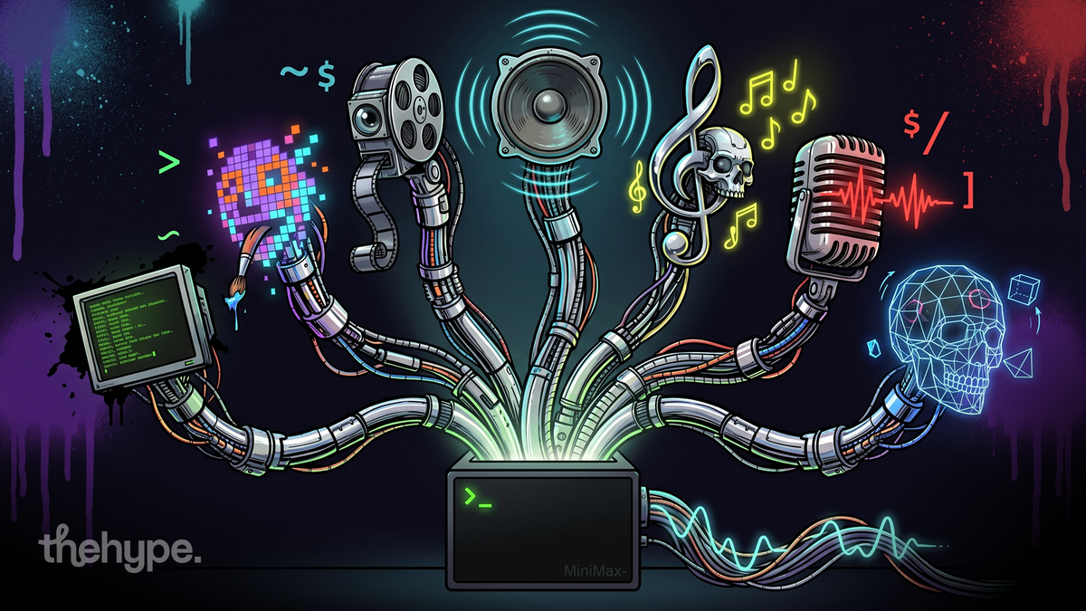 MiniMax terminal with cable arms holding film reel, speaker, mic, music notes, paintbrush and 3D skull — multimodal CLI.