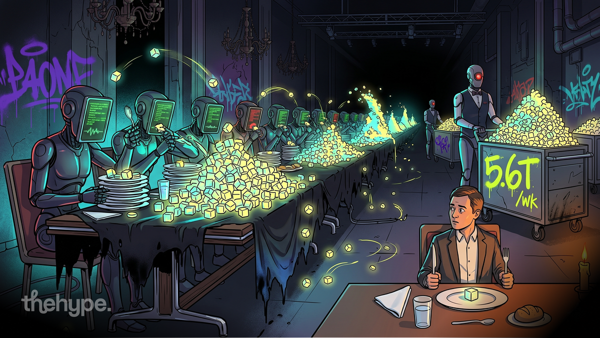 Robots at a long table devour glowing token cubes while a lone human watches, beside a 5.6T/wk cart — agent token economy.