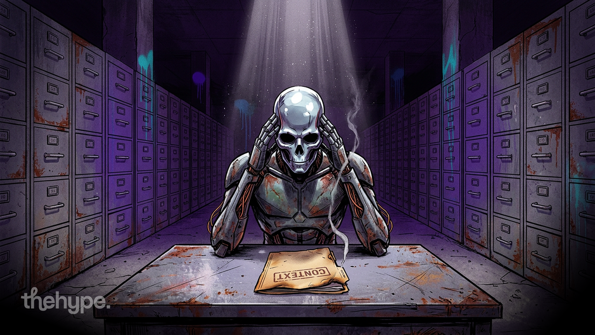 Skeletal robot grips its skull over a smoking "CONTEXT" envelope in a vault of file cabinets — agentic AI's broken memory problem.
