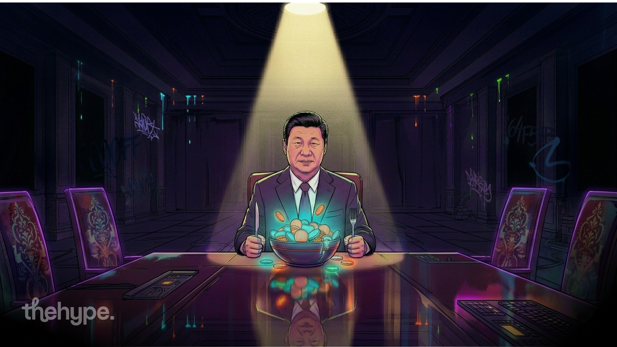Illustrated figure in a suit eating from a glowing bowl of coins at a dark table — symbolizing China's growing capture of the AI token market.