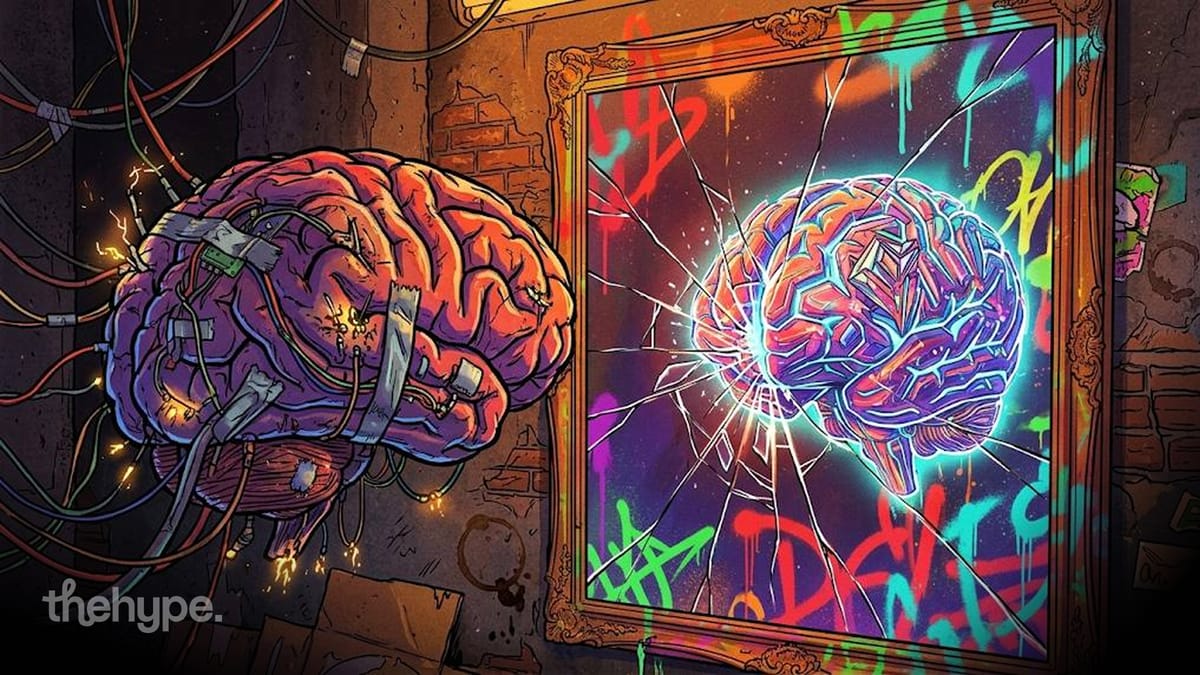 a wired-up brain faces a graffiti-framed mirror reflecting a glowing upgraded brain — ai improving itself through its own r&d
