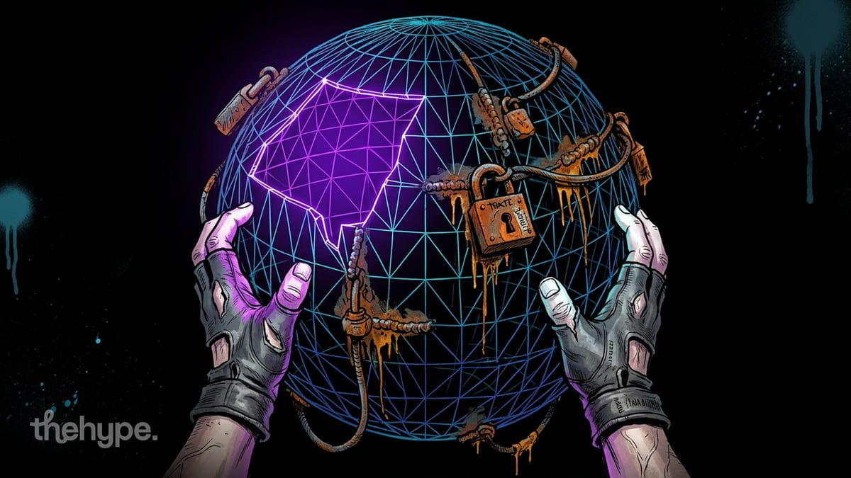 Gloved hands hold a glowing wireframe globe wrapped in rusted padlocks and chains — 3D world models locked behind dev skills.