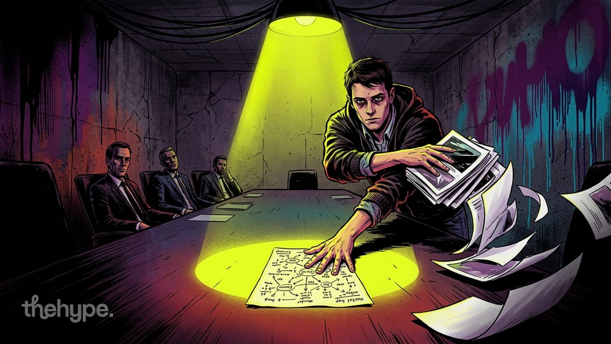Young founder leans across a boardroom table under a spotlight, pressing a diagram while suited investors watch from the shadows