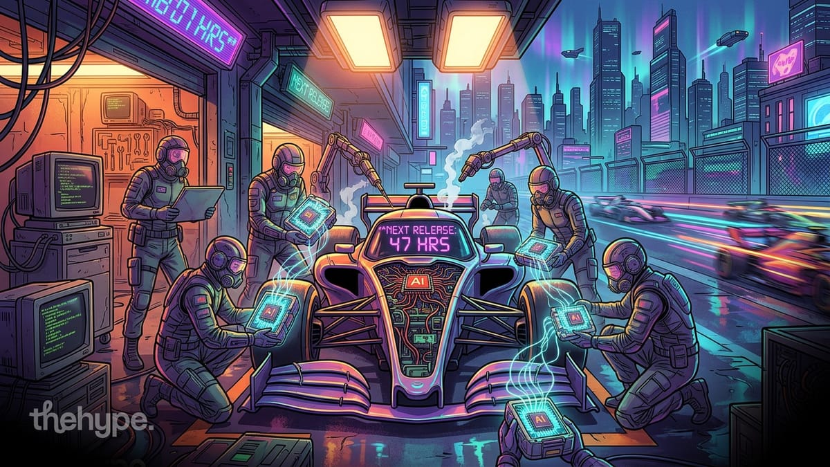 Pit crew swaps glowing AI chips into a neon race car with a "NEXT RELEASE: 47 HRS" display — AI labs' 3-day shipping cadence.