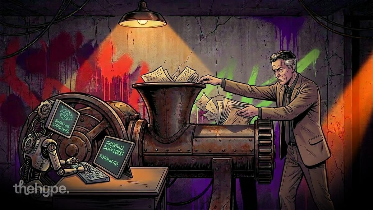 Man in suit feeds stacks of papers into an industrial machine, screen reads "Brain Link Established" and names on a terminal beside it