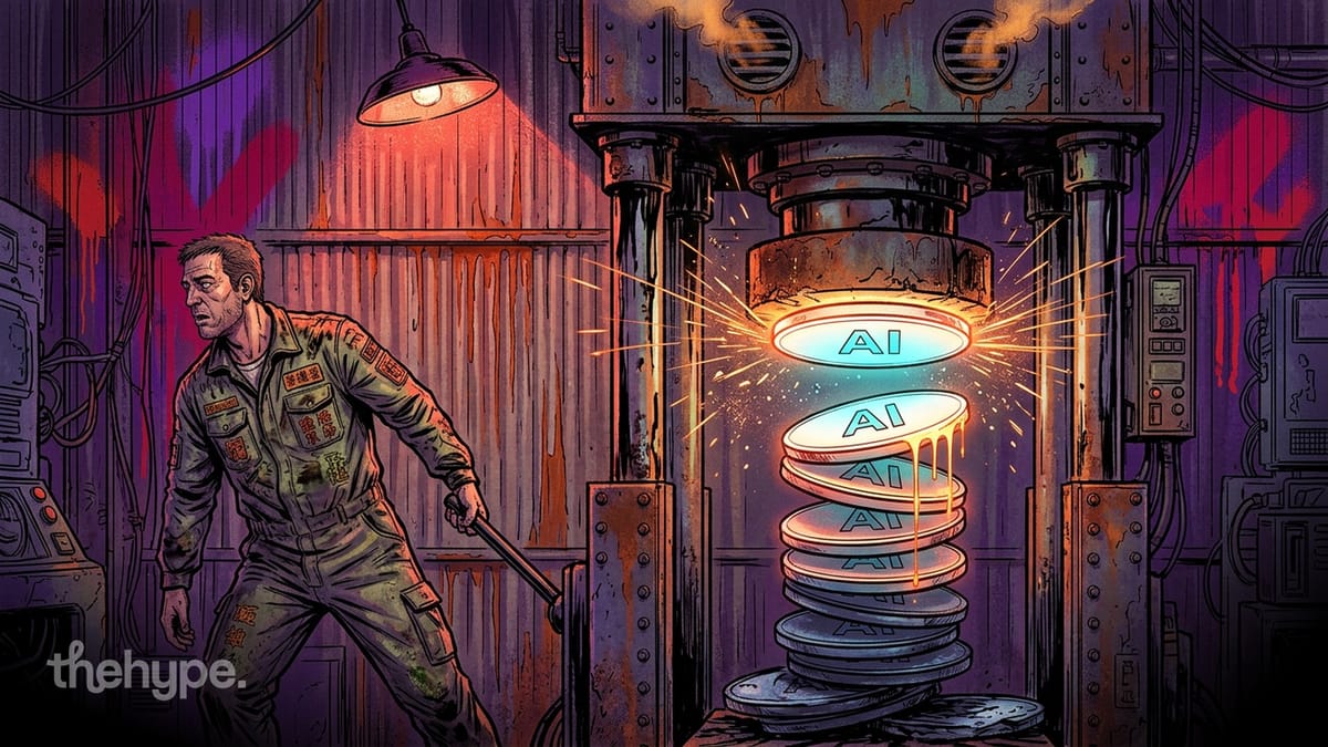 Worker in worn overalls operates an industrial press stamping glowing AI-labeled discs in a dark workshop