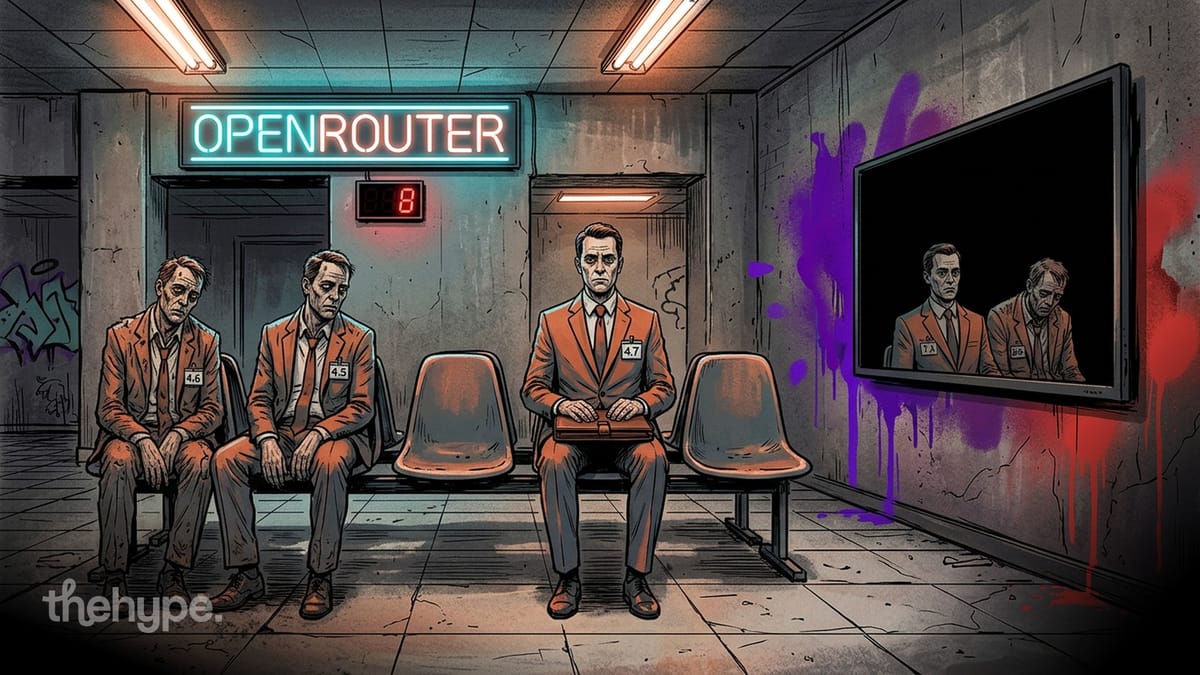  altThree Anthropic men labeled "4.5", "4.6", "4.7" wait under an "OPENROUTER" neon sign — Claude opens to third-party inference.