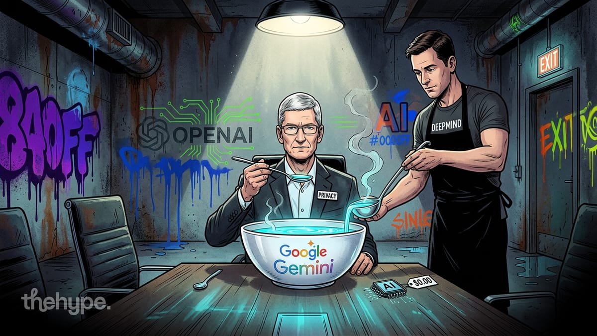 Tim Cook eats from a Google Gemini bowl as a DeepMind chef serves more — Apple leans on rivals while R&D jumps.