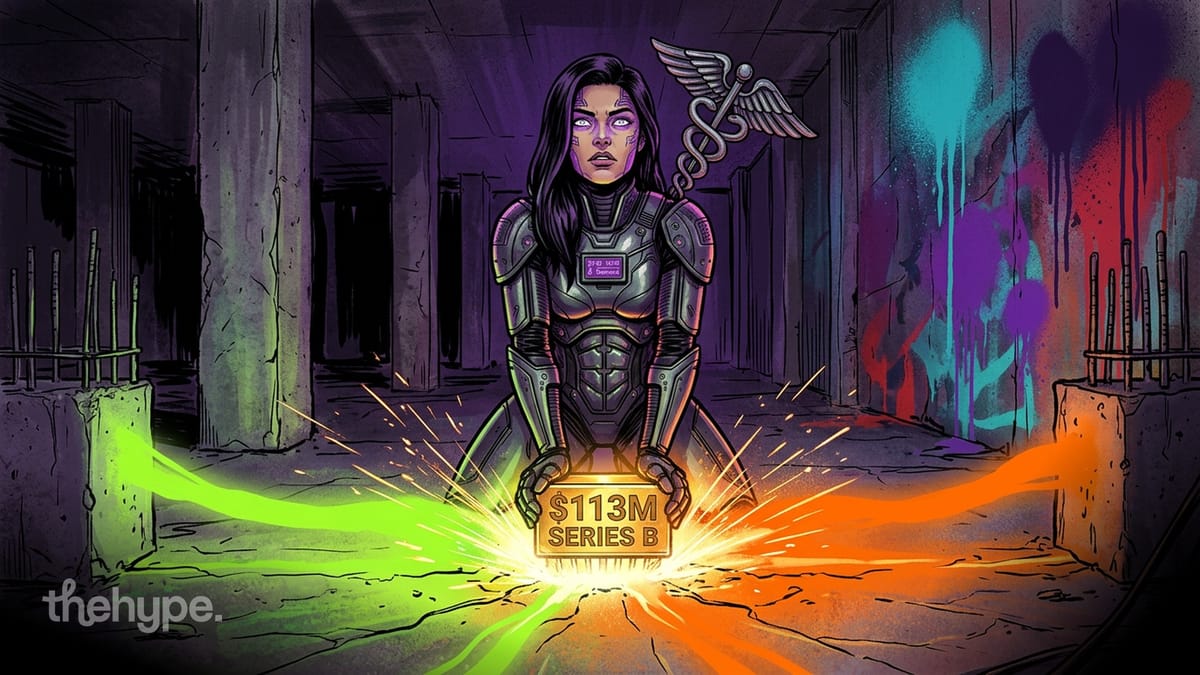 Armored figure holding glowing $113M Series B block with caduceus symbol in dark industrial setting