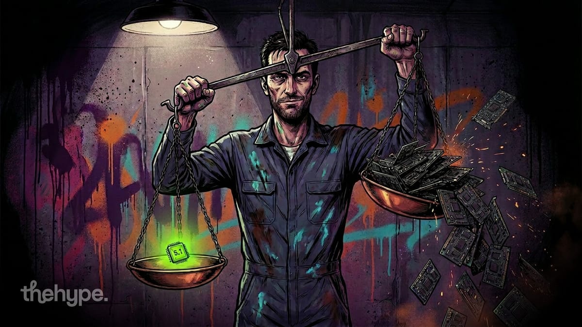 Mechanic balances a scale with a glowing 5.1 chip on one side and a heap of broken circuit boards on the other under a lamp.