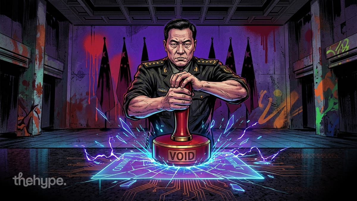 Chinese military officer slams a red VOID stamp onto a shattering digital contract under flags in a graffitied state hall.