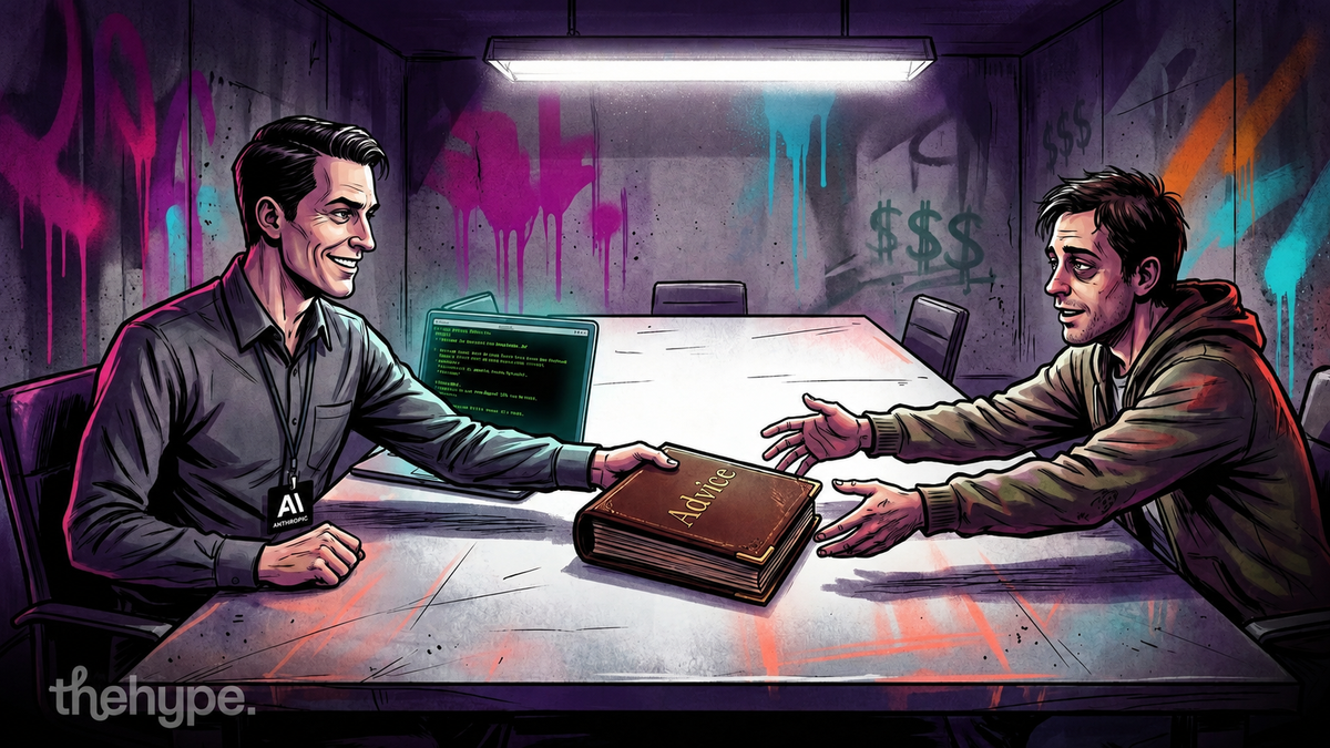 Smiling man with an Anthropic AI badge slides an Advice book across a graffitied table to a tired developer reaching for it.