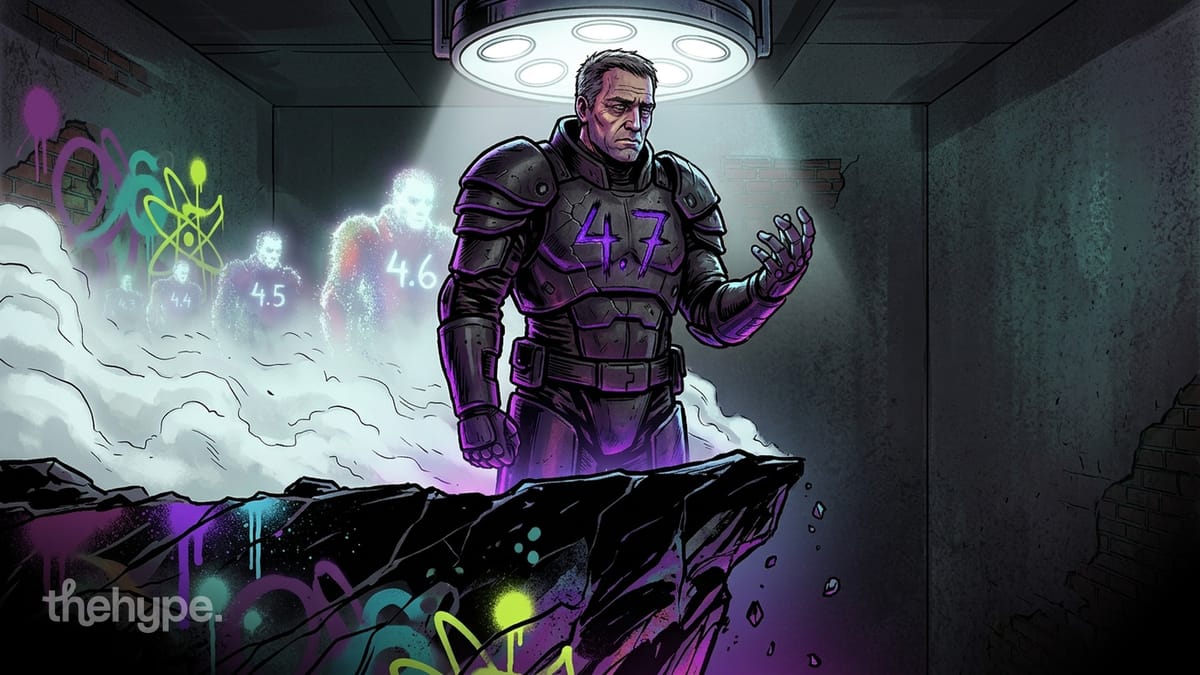Armored figure with glowing "4.7" emblem stands ahead of ghostly predecessors under spotlights — Claude Opus 4.7 launch.