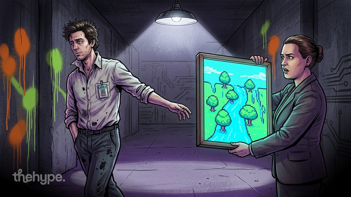 Codex-badged man and woman hold a pixel-art landscape with floating trees in a graffitied corridor — long-task agent fails.