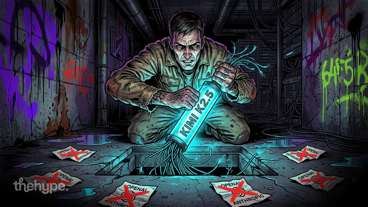 Comic-style man ripping cables from a glowing Kimi K2.5 cylinder, crossed-out OpenAI and Anthropic papers on the floor.