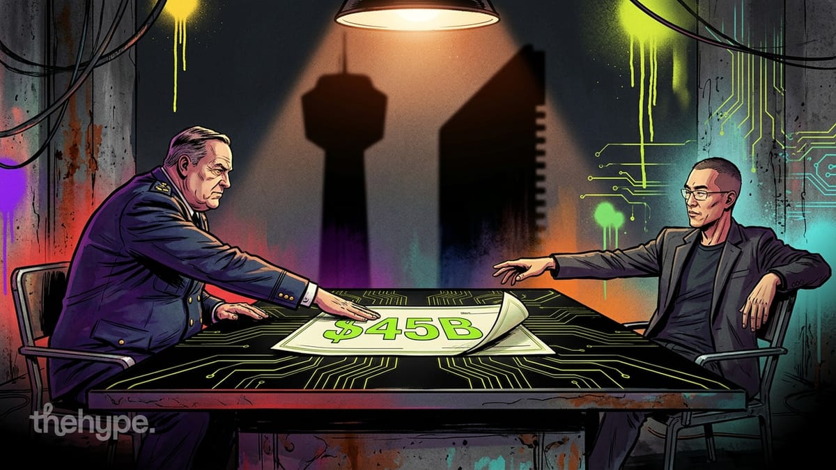 Military officer and a man in glasses sit across a $45B contract on a circuit-patterned table under a single hanging lamp.